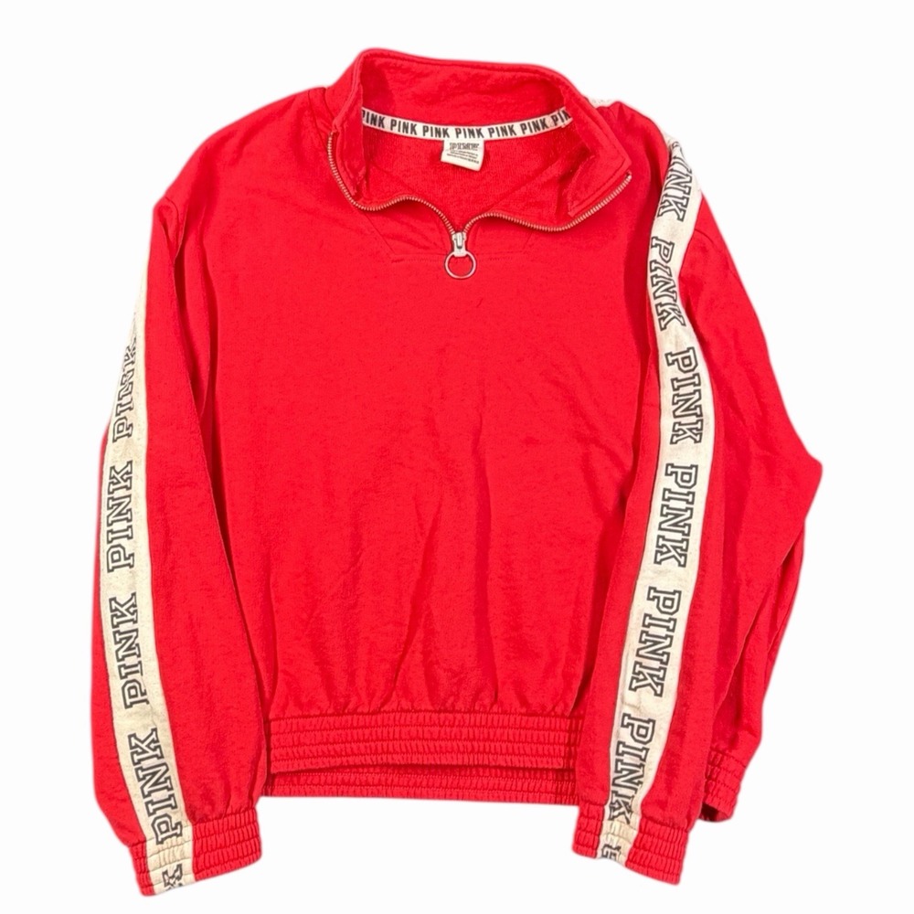 PINK Quarter-Zip Pullover Sweatshirt‎ with Logo Tape Deep Pink/Red Size XS
